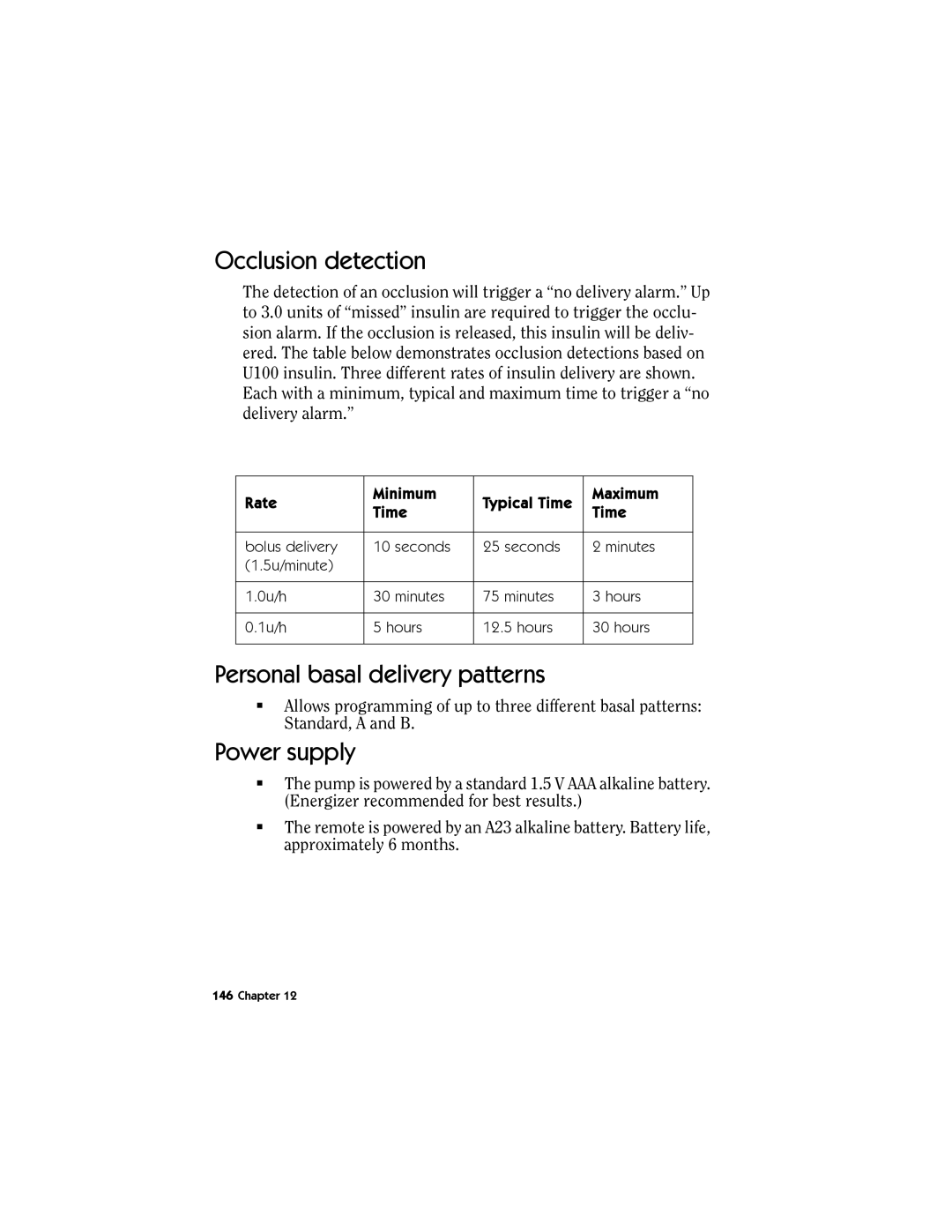 Energizer MMT-511 manual Occlusion detection, Personal basal delivery patterns, Power supply 