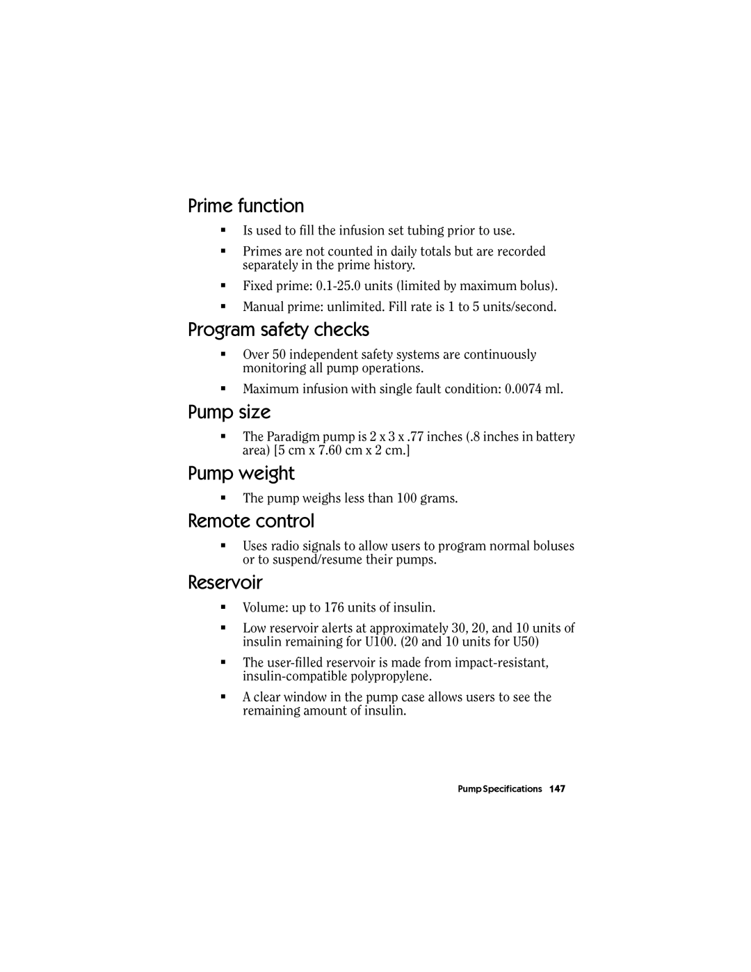 Energizer MMT-511 manual Prime function, Program safety checks, Pump size, Pump weight, Remote control, Reservoir 