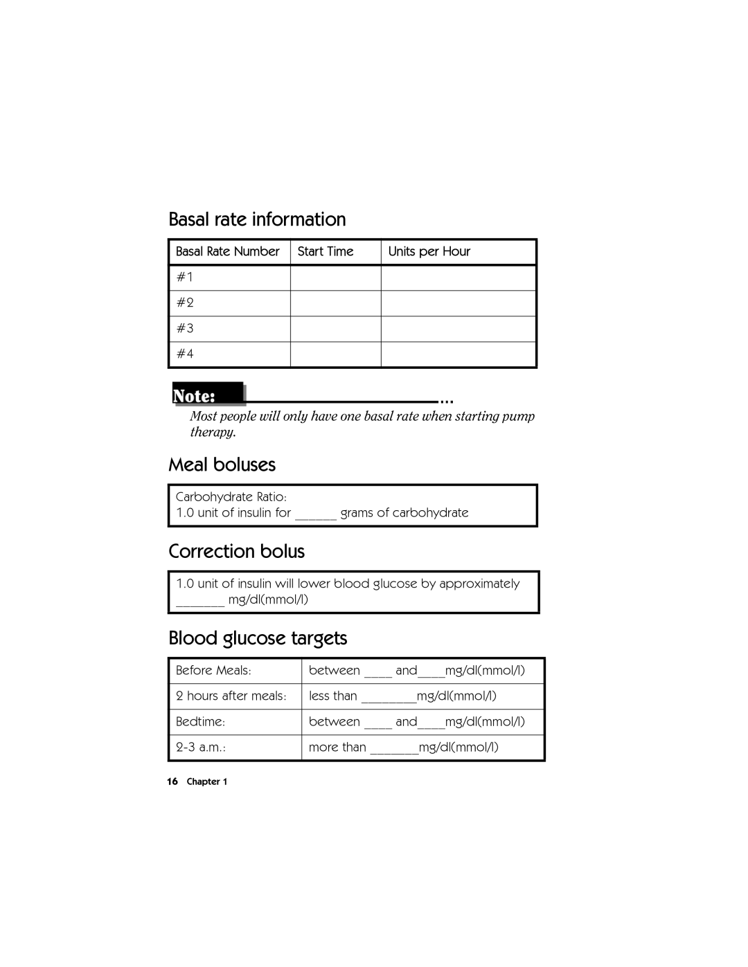 Energizer MMT-511 manual Basal rate information, Meal boluses, Correction bolus, Blood glucose targets 