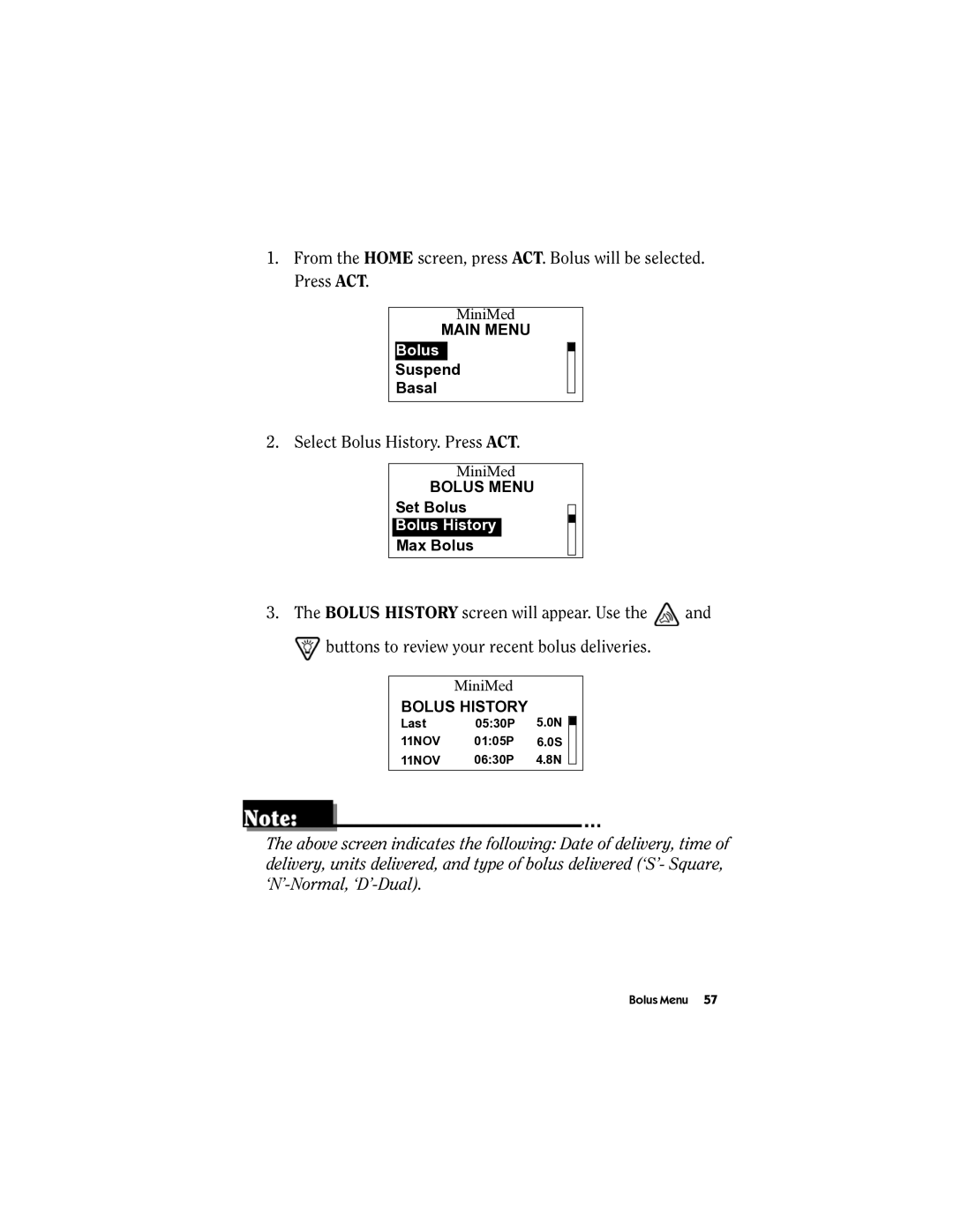 Energizer MMT-511 manual Select Bolus History. Press ACT 