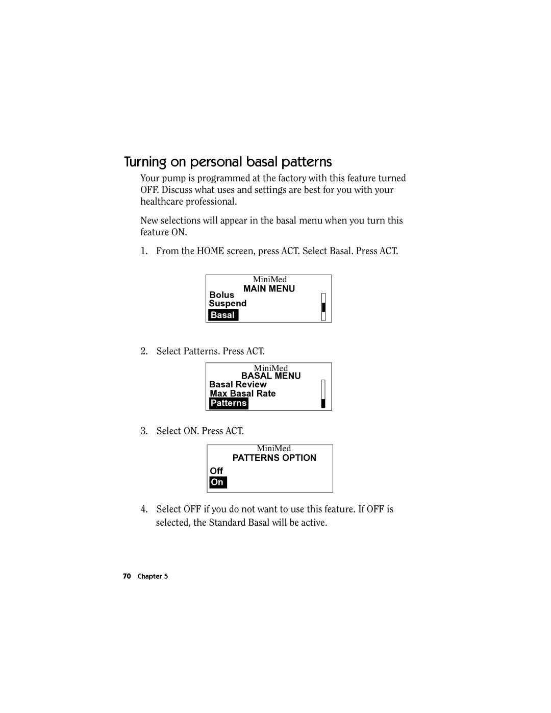 Energizer MMT-511 manual Turning on personal basal patterns 