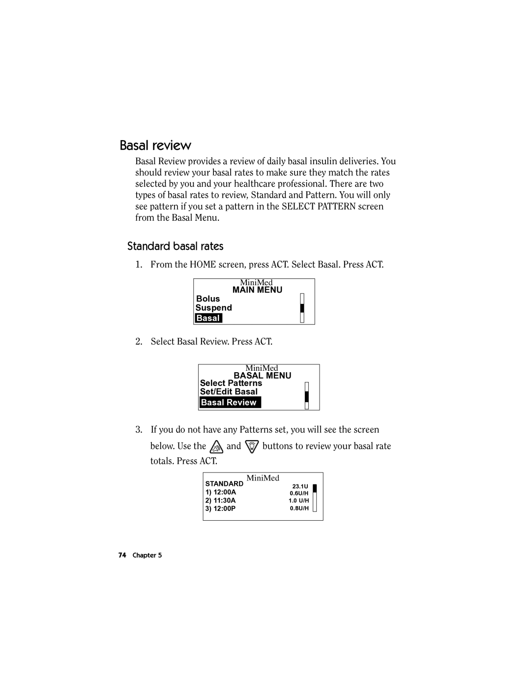 Energizer MMT-511 manual Basal review, Standard basal rates 