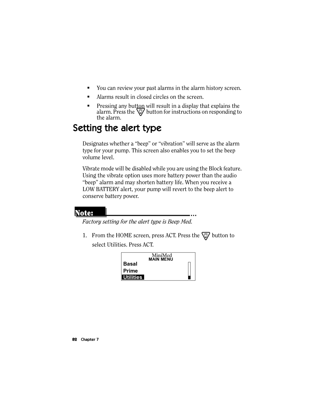 Energizer MMT-511 manual Setting the alert type, Factory setting for the alert type is Beep Med 