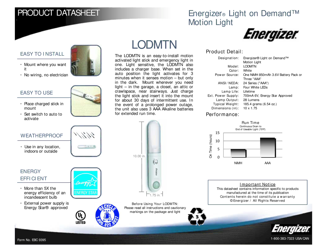 Energizer dimensions Lodmtn, Product Datasheet, Energizer Light on Demand Motion Light 