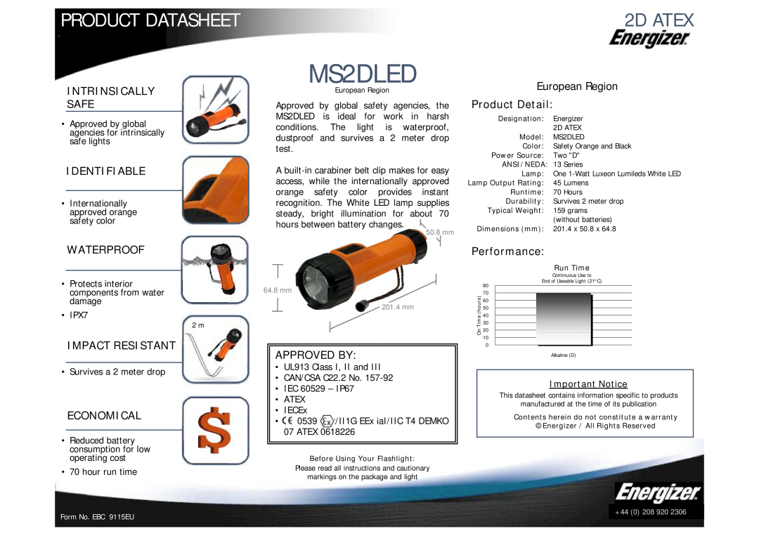 Energizer MS2DLED dimensions Product Datasheet, 2D ATEX, Intrinsically Safe, Identifiable, Waterproof, Impact Resistant 