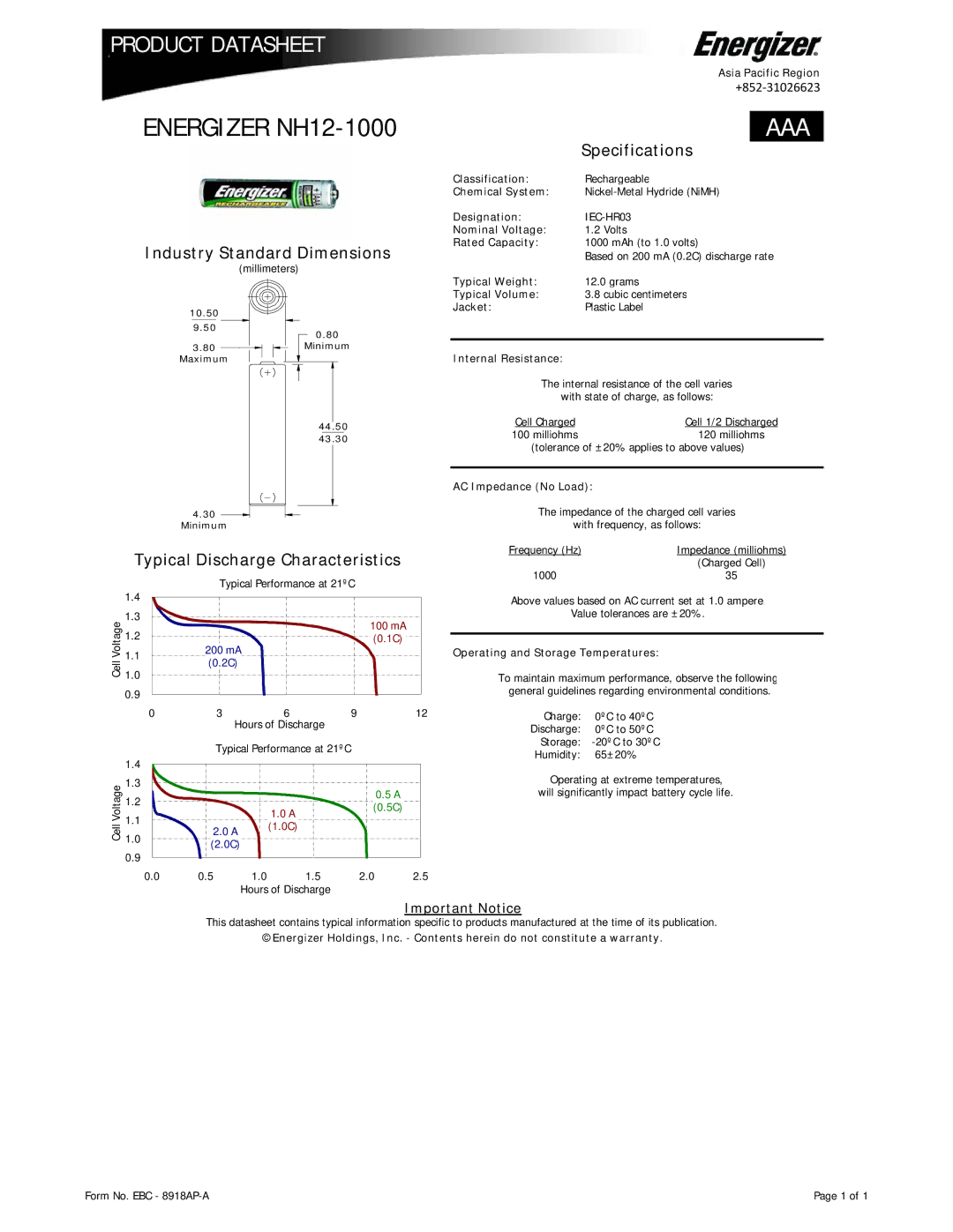 Energizer NH12-1000 specifications Aaa, Industry Standard Dimensions, Specifications, Typical Discharge Characteristics 