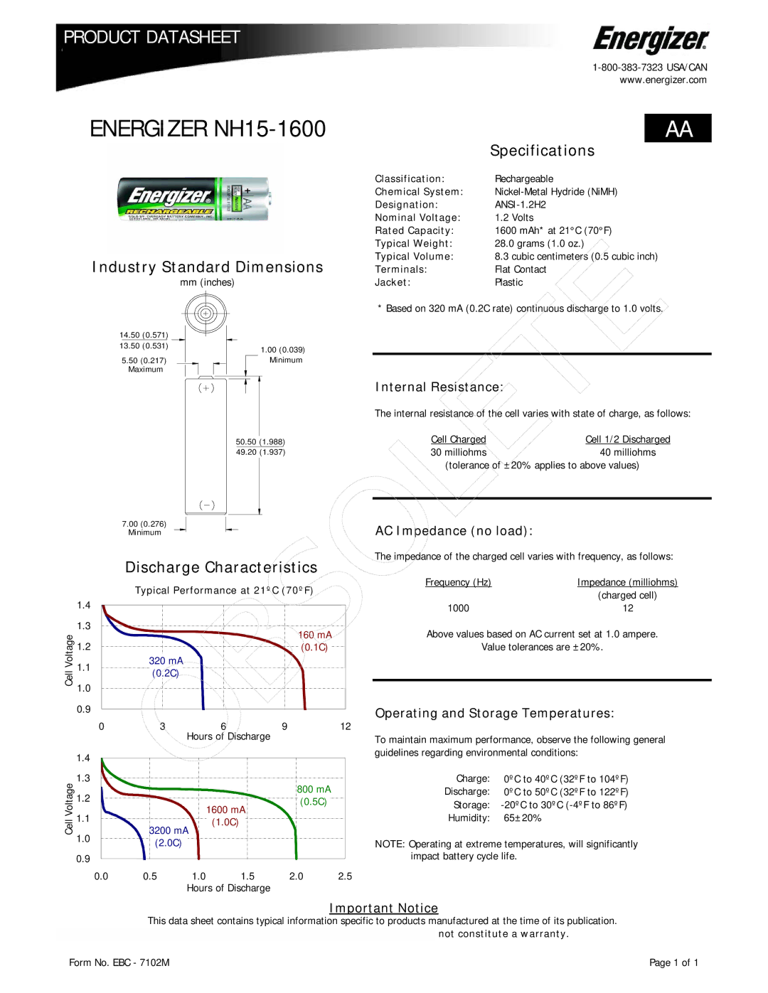 Energizer dimensions Energizer NH15-1600, Specifications, Industry Standard Dimensions, Discharge Characteristics 