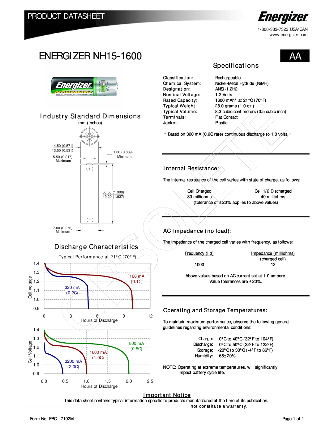 Energizer dimensions ENERGIZER NH15-1600, Product Datasheet, Specifications, Industry Standard Dimensions 