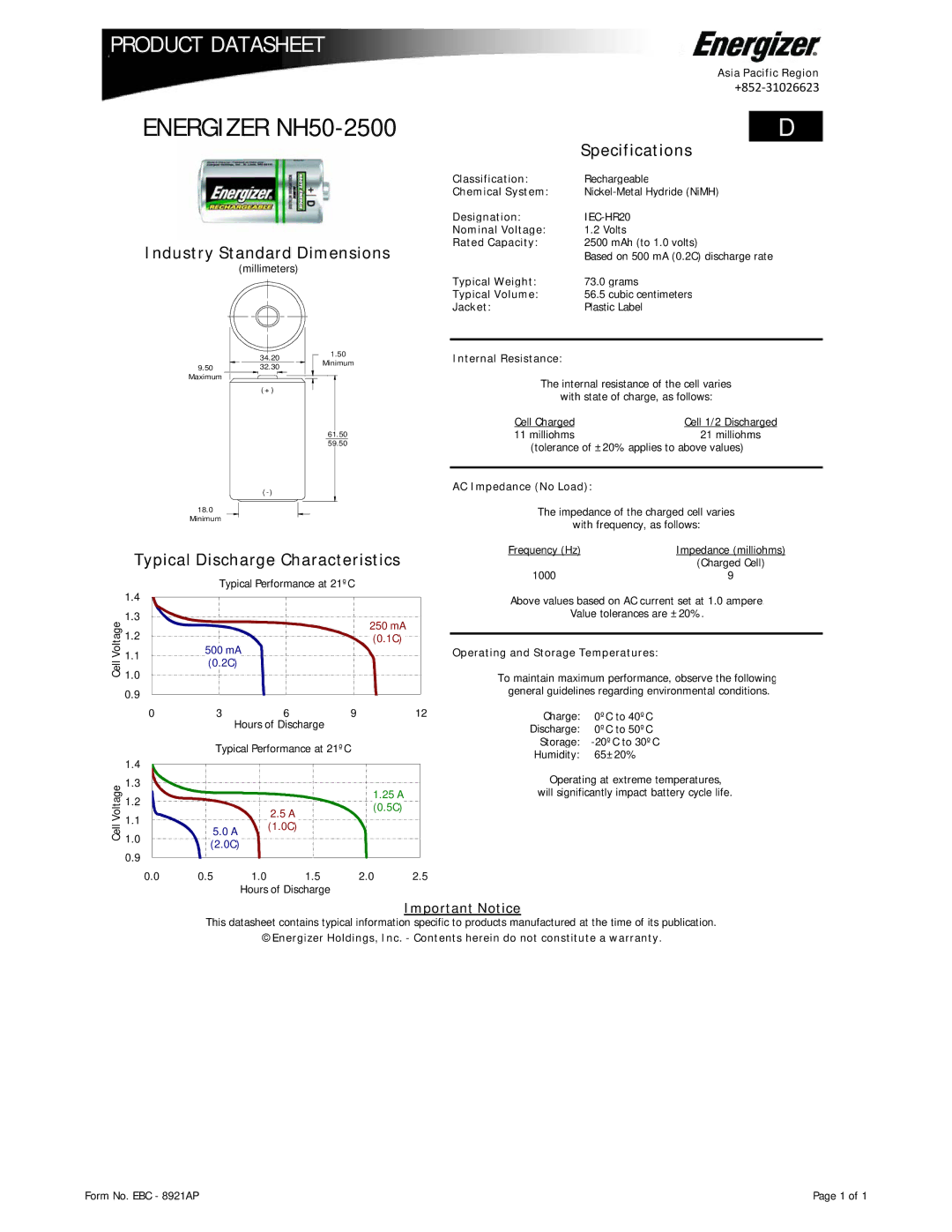 Energizer specifications Energizer NH50-2500, Specifications, Industry Standard Dimensions, Important Notice 