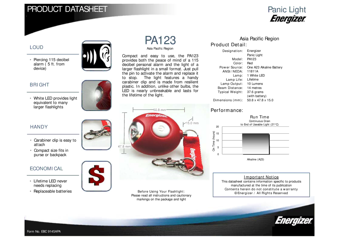 Energizer PA123 dimensions Product Datasheet, Panic Light, Product Detail, Performance 