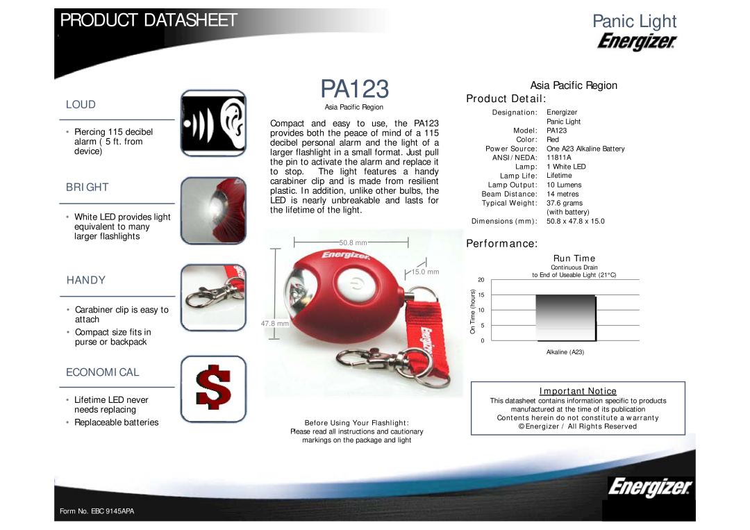 Energizer PA123 dimensions Product Datasheet, Panic Light, Loud, Bright, Handy, Economical, Asia Pacific Region, Run Time 