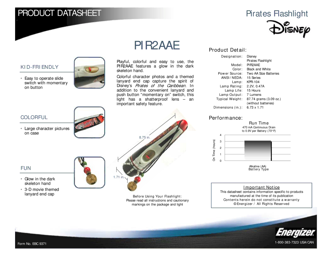 Energizer PIR2AAE dimensions Pirates Flashlight, Kid-Friendly, Colorful, Fun 