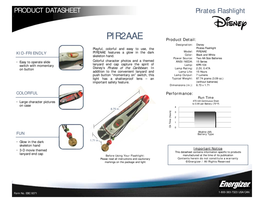 Energizer PIR2AAE dimensions Product Datasheet, Pirates Flashlight, Kid-Friendly, Product Detail, Colorful, Performance 