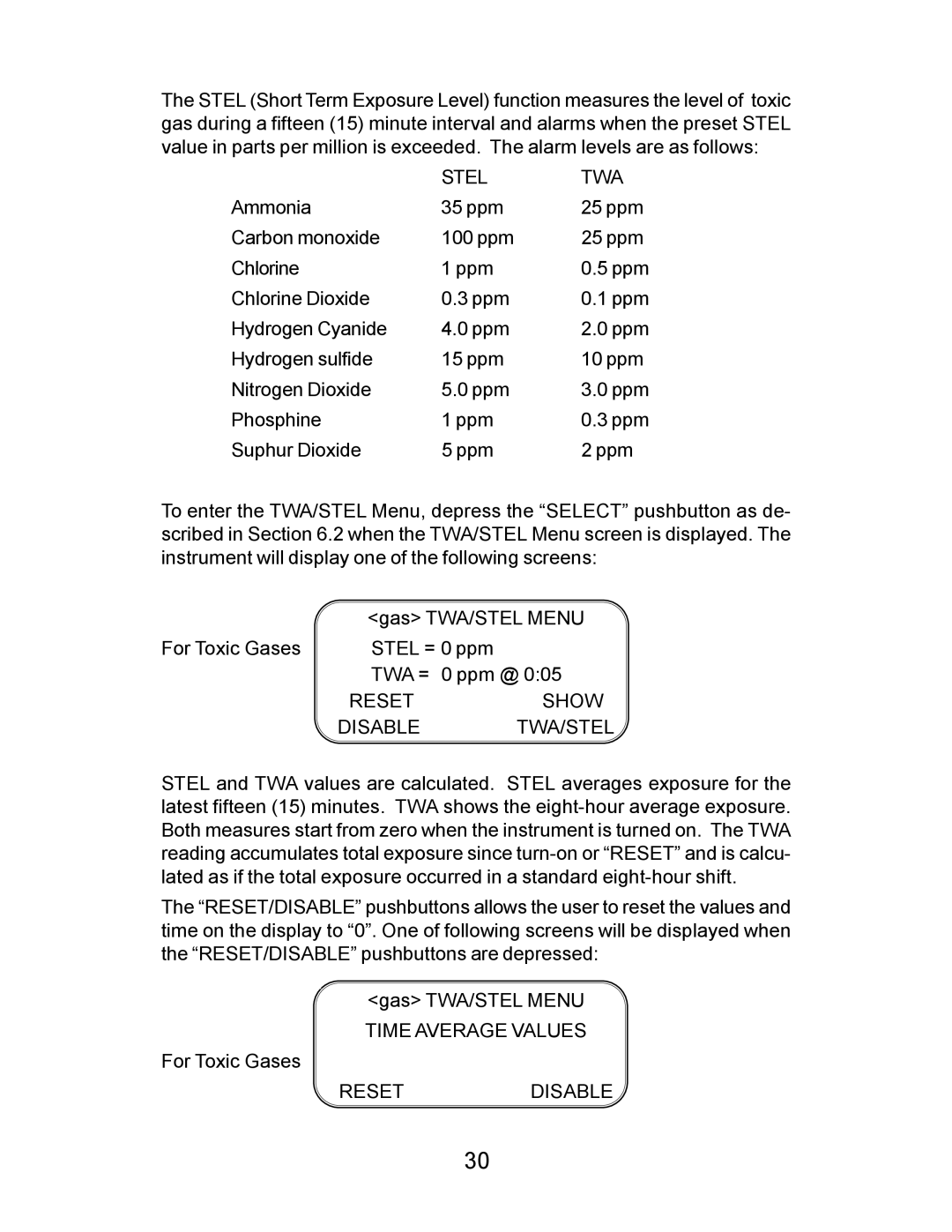 Energizer PORTABLE GAS DETECTION INSTRUMENT manual Stel TWA, Reset Show Disable TWA/STEL, Resetdisable 