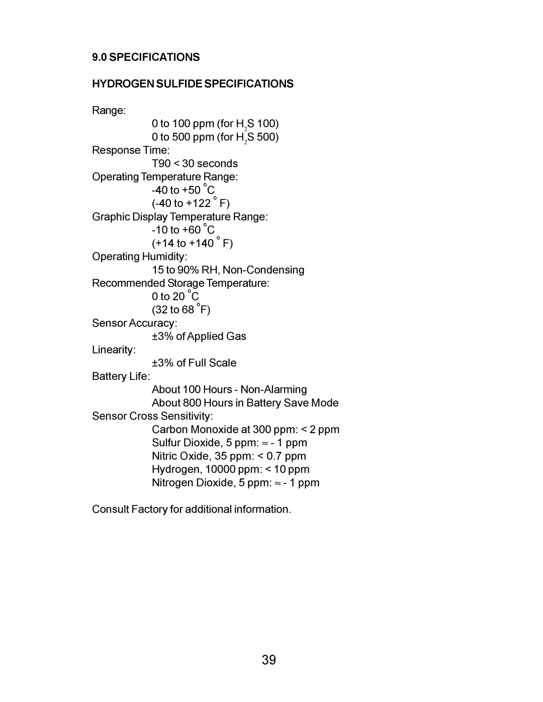 Energizer PORTABLE GAS DETECTION INSTRUMENT manual Specifications Hydrogen Sulfide Specifications 