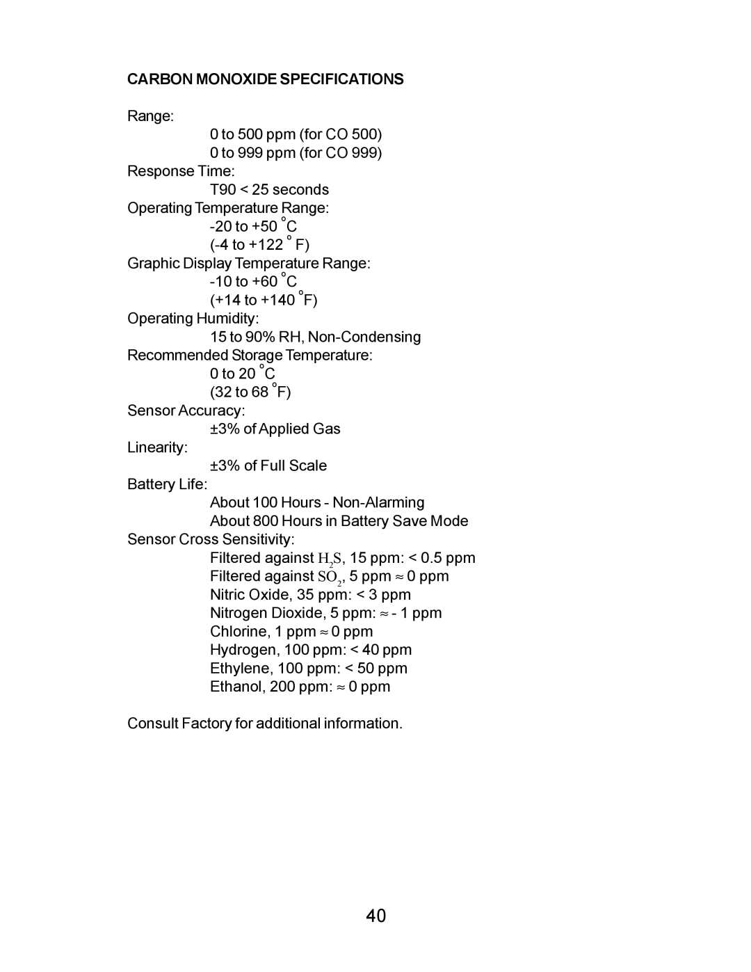 Energizer PORTABLE GAS DETECTION INSTRUMENT manual Carbon Monoxide Specifications 