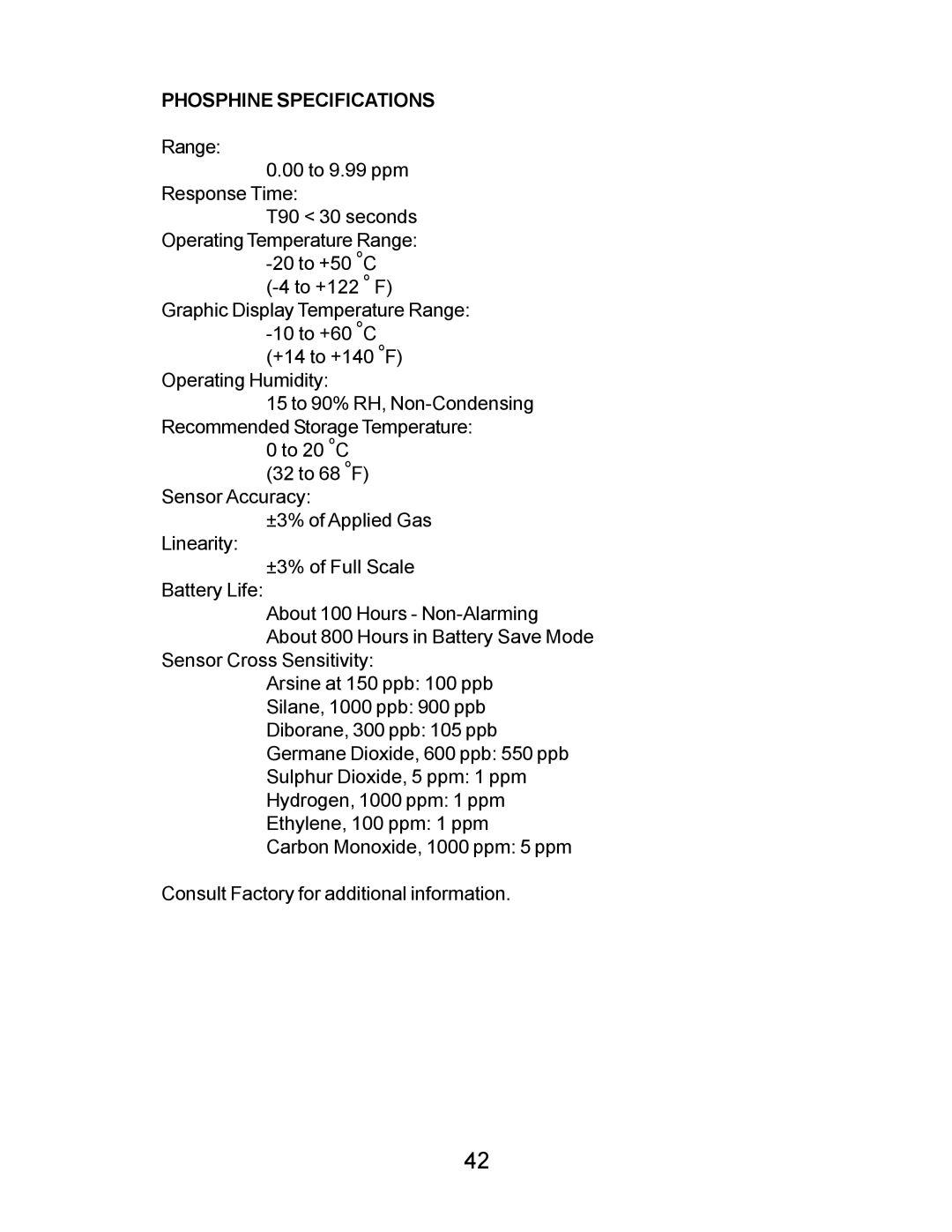 Energizer PORTABLE GAS DETECTION INSTRUMENT manual Phosphine Specifications 