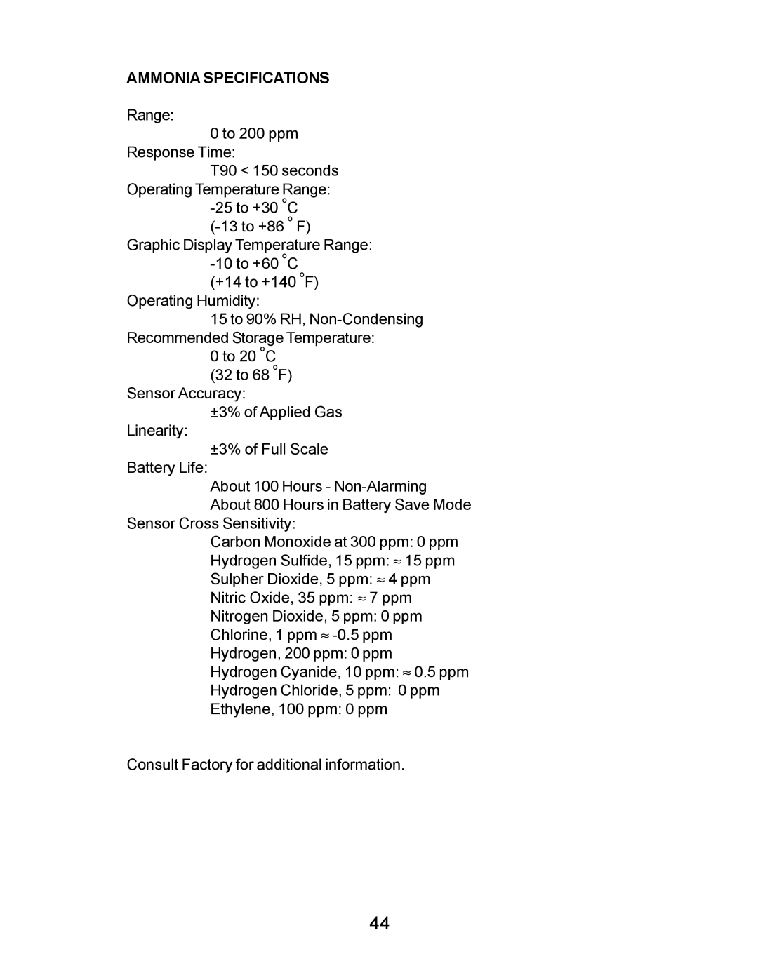 Energizer PORTABLE GAS DETECTION INSTRUMENT manual Ammonia Specifications 