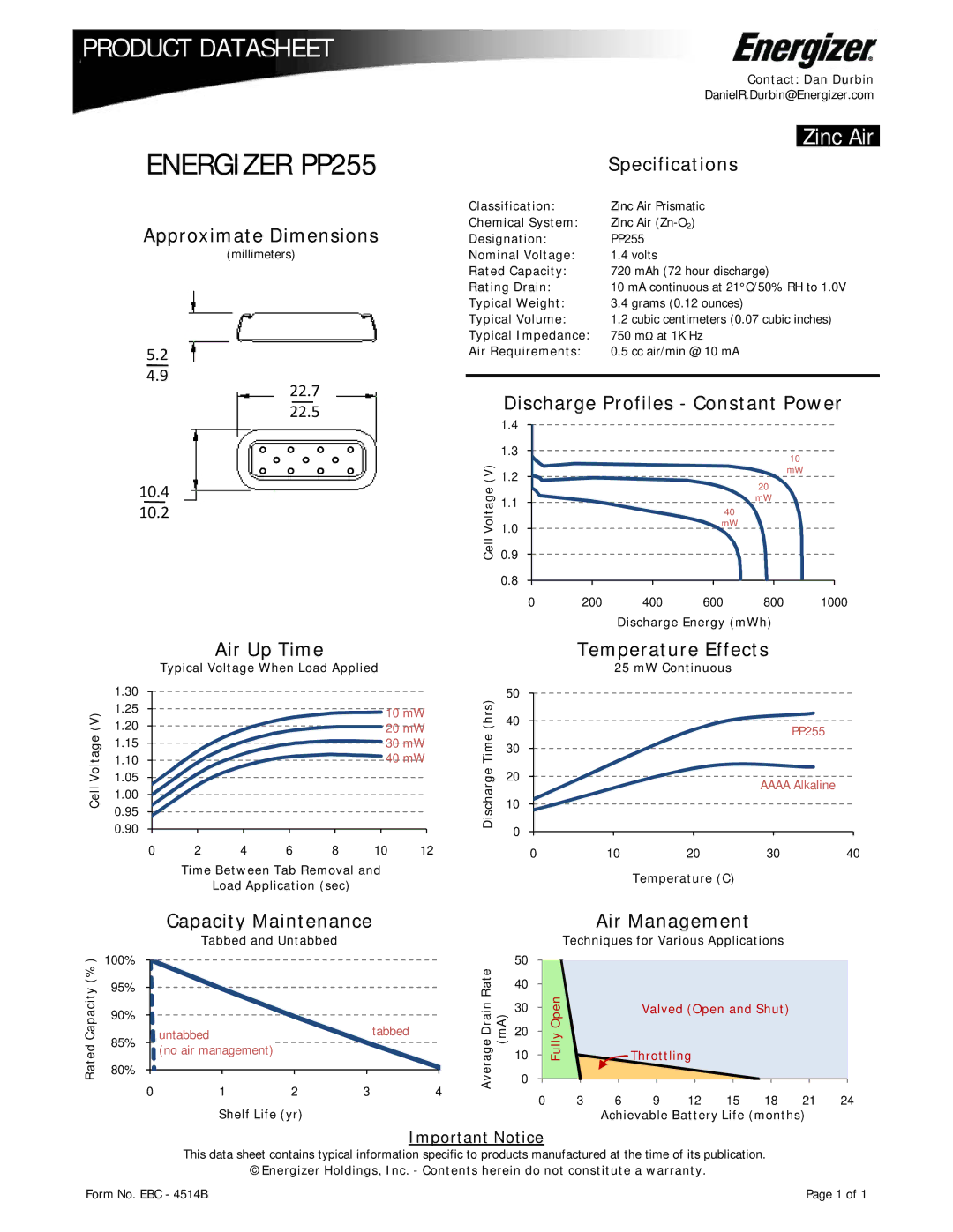 Energizer specifications Energizer PP255, Zinc Air 