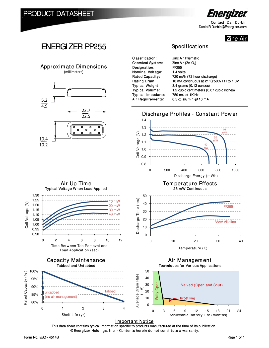 Energizer specifications ENERGIZER PP255, Product Datasheet, Zinc Air, Approximate Dimensions, Air Up Time, 10 mW 