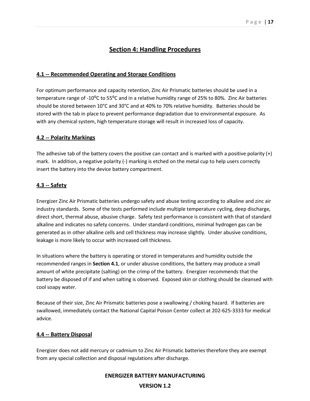 Energizer PP355 Handling Procedures, ‐‐ Recommended Operating and Storage Conditions, ‐‐ Polarity Markings, ‐‐ Safety 