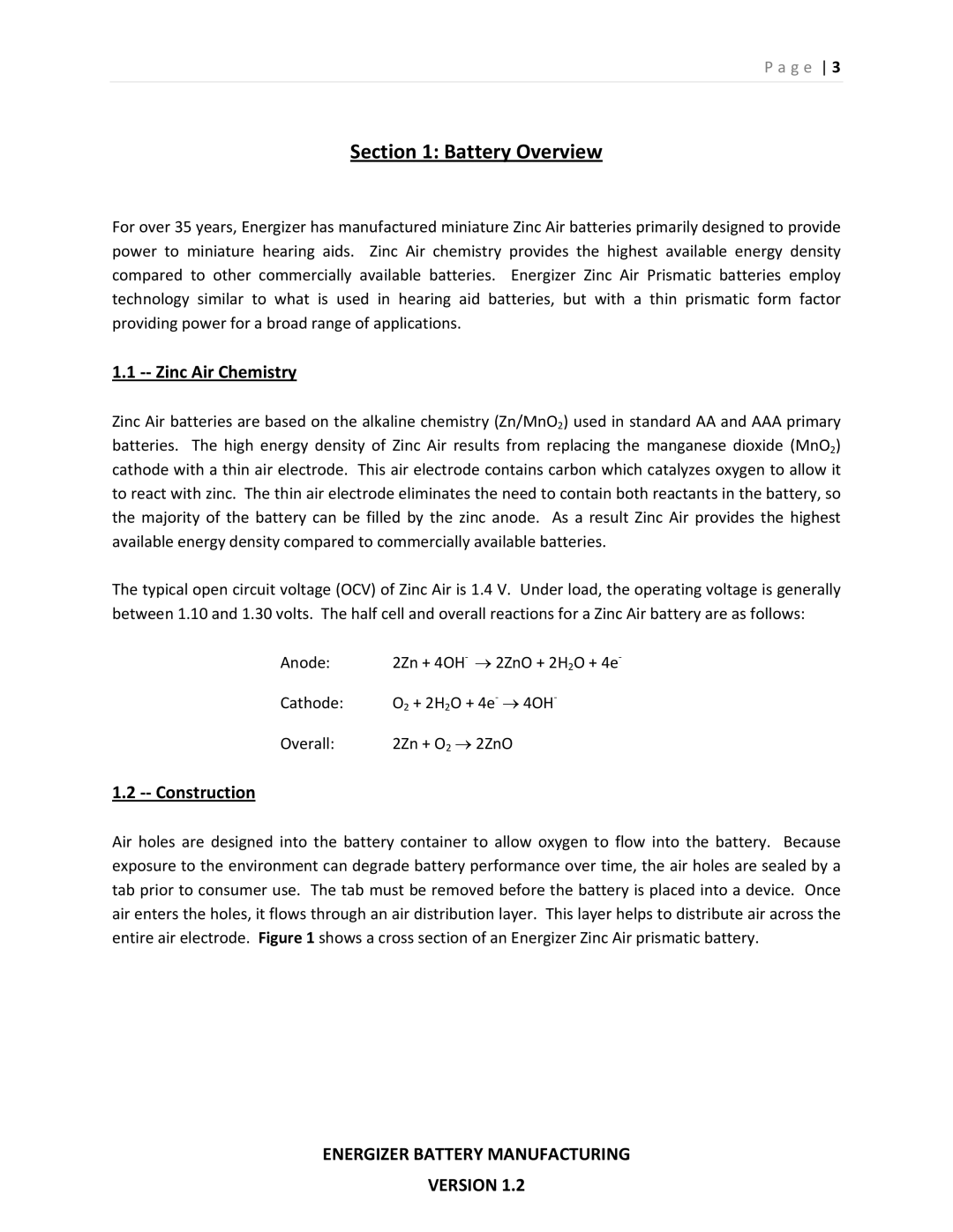 Energizer PP355 manual Battery Overview, ‐‐ Zinc Air Chemistry, ‐‐ Construction 