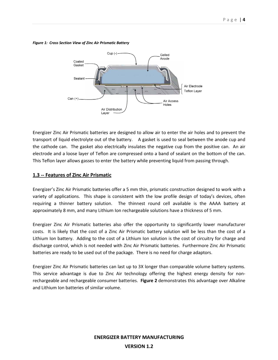 Energizer PP355 manual ‐‐ Features of Zinc Air Prismatic, Cross Section View of Zinc Air Prismatic Battery 