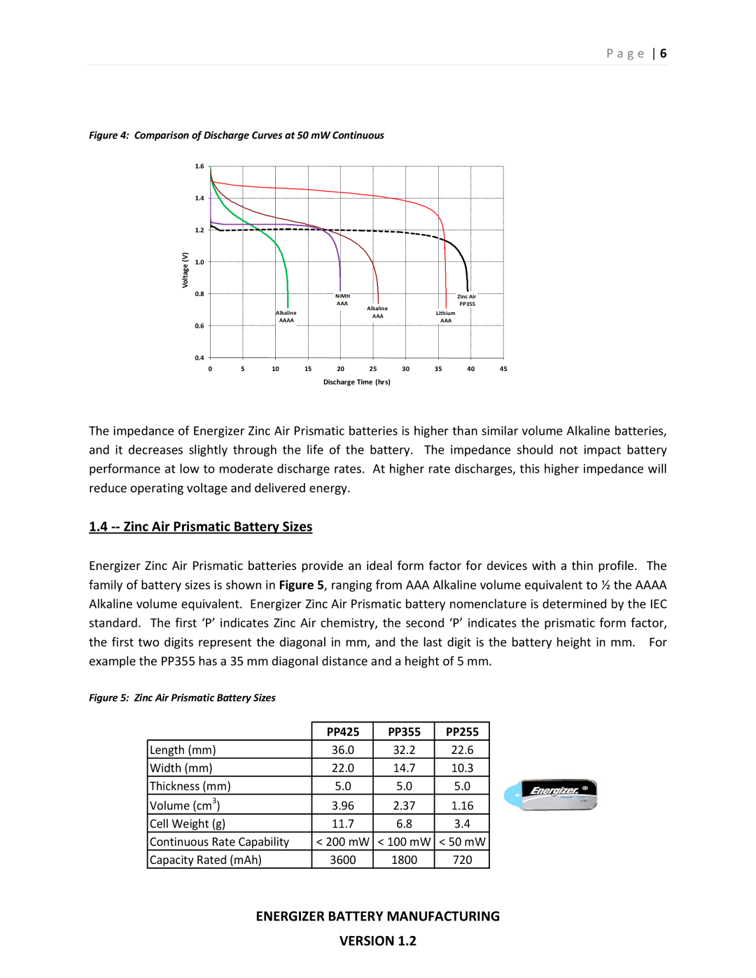 Energizer manual ‐‐ Zinc Air Prismatic Battery Sizes, PP425 PP355 PP255 