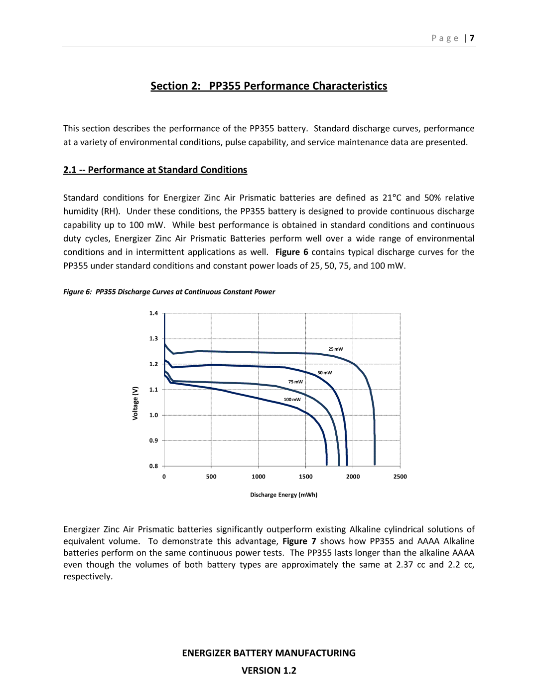 Energizer manual PP355 Performance Characteristics, ‐‐ Performance at Standard Conditions 