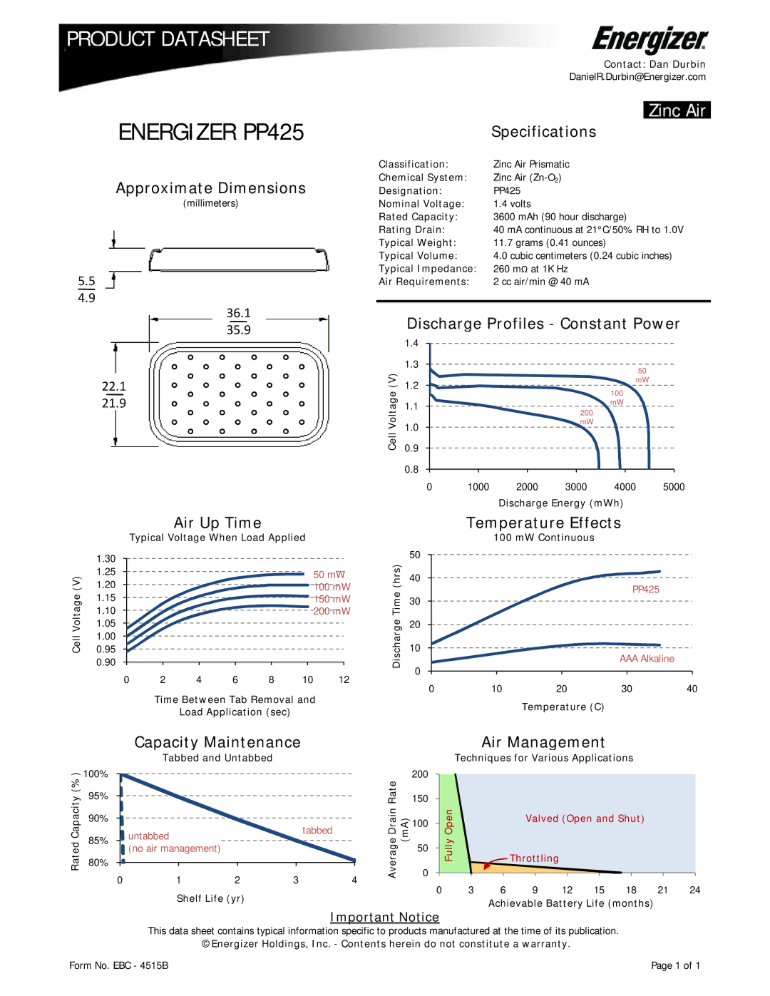 Energizer specifications Energizer PP425, Zinc Air, Specifications Approximate Dimensions 