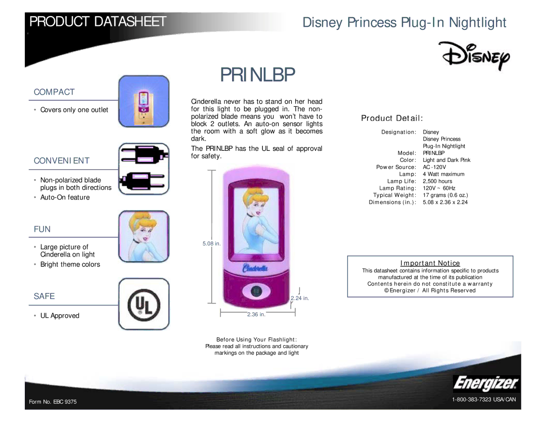 Energizer PRINLBP dimensions Prinlbp, Compact, Convenient, Fun, Safe 