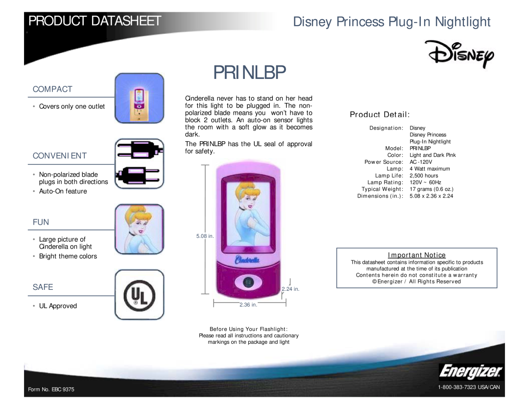 Energizer PRINLBP dimensions Prinlbp, Product Datasheet, Disney Princess Plug-In Nightlight, Compact, Convenient, Safe 