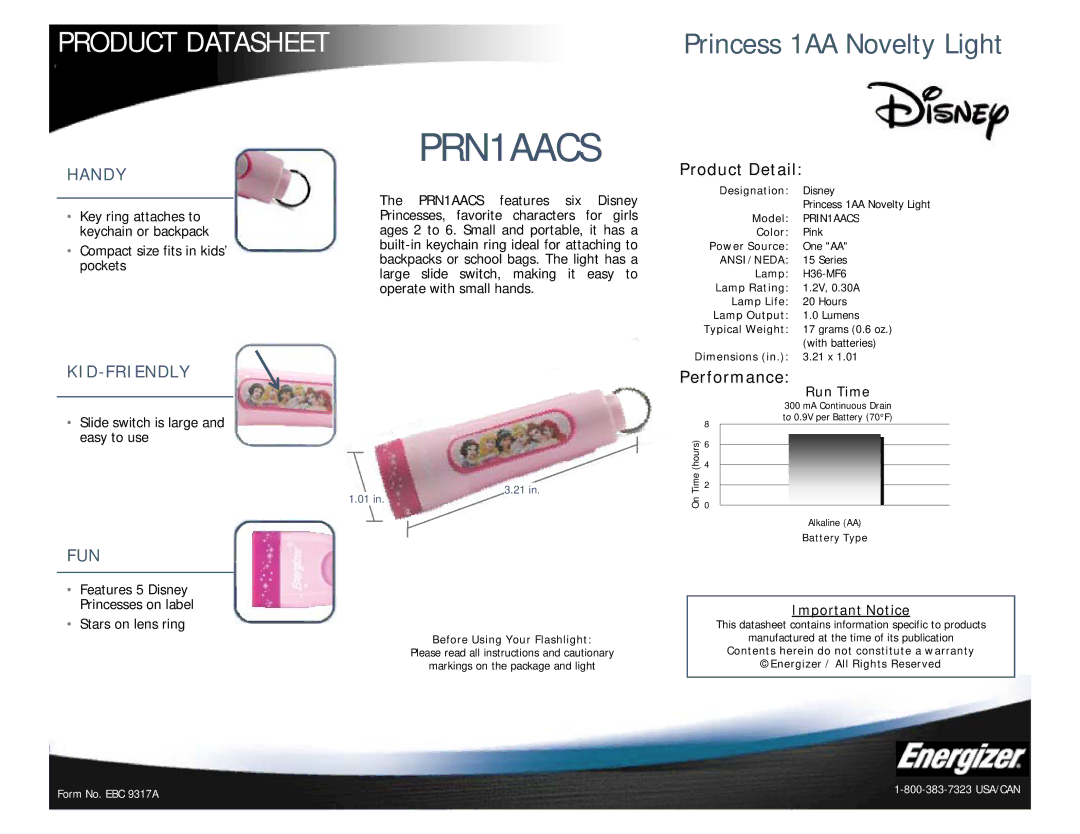 Energizer PRN1AACS dimensions Princess 1AA Novelty Light, Handy, Kid-Friendly, Fun 