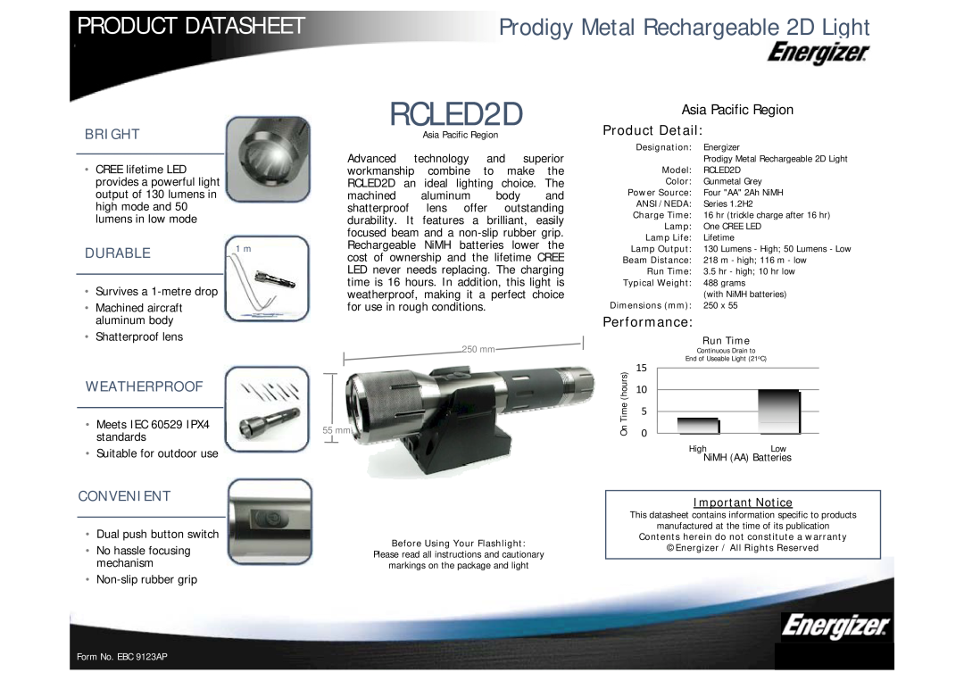 Energizer RCLED2D dimensions Product Datasheet, Prodigy Metal Rechargeable 2D Light, Bright, Durable, Weatherproof 