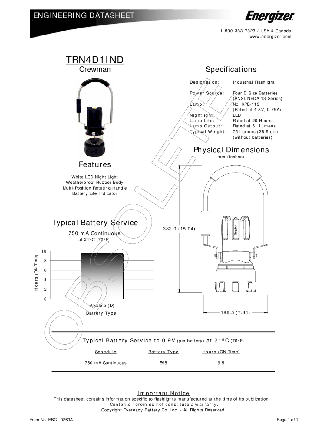 Energizer TRN4D1IND specifications CrewmanSpecifications, Physical Dimensions, Features, Typical Battery Service 