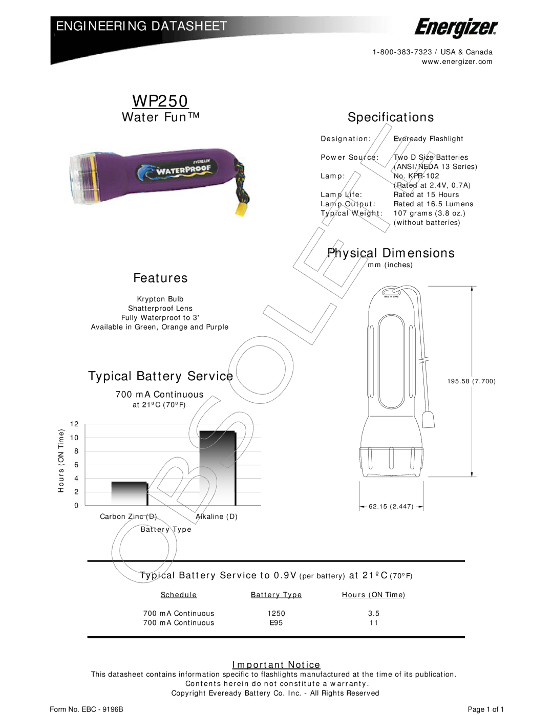 Energizer WP250 dimensions Water Fun Specifications, Physical Dimensions, Features, Typical Battery Service 