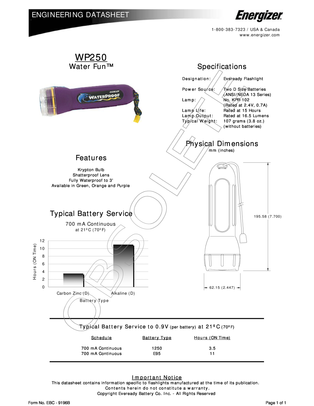 Energizer WP250 dimensions Engineering Datasheet, Water Fun, Specifications, Physical Dimensions, Features, mA Continuous 