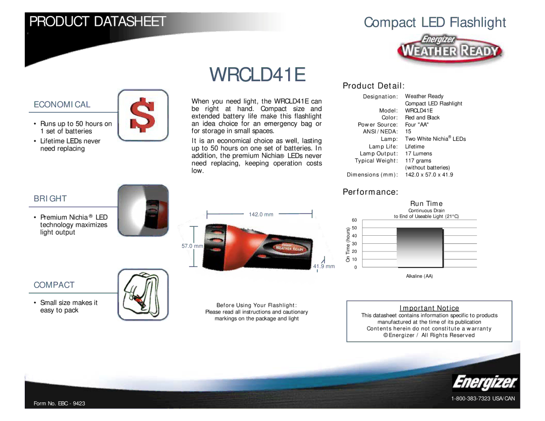 Energizer WRCLD41E dimensions Product Datasheet, Compact LED Flashlight, Product Detail, Performance 