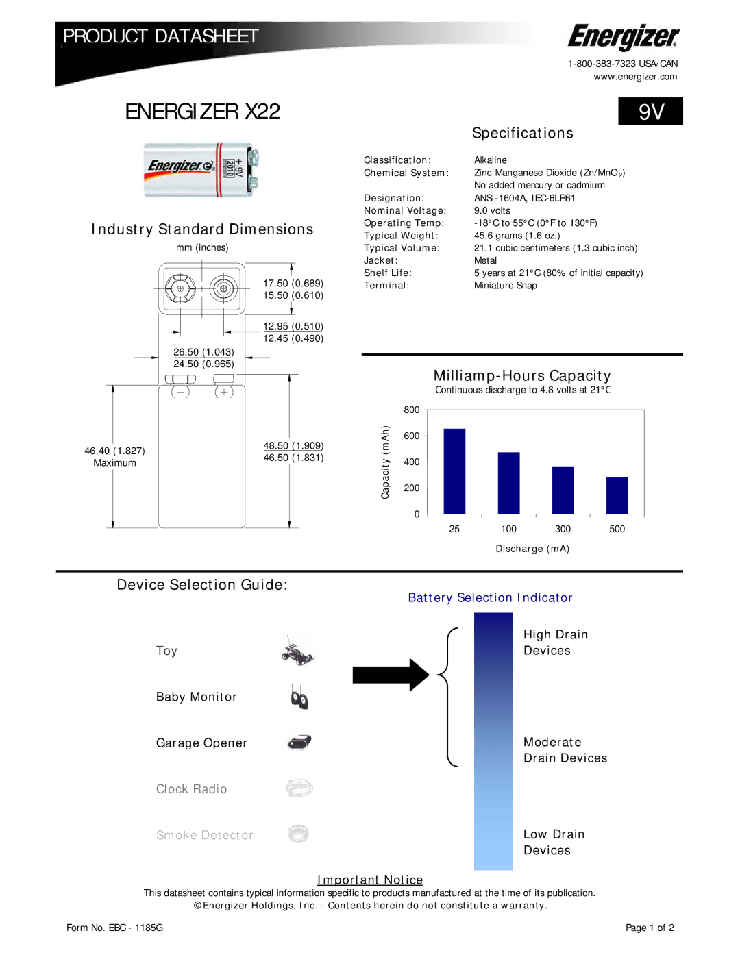 Energizer X22 dimensions Energizer, Industry Standard Dimensions, Specifications, Milliamp-Hours Capacity 