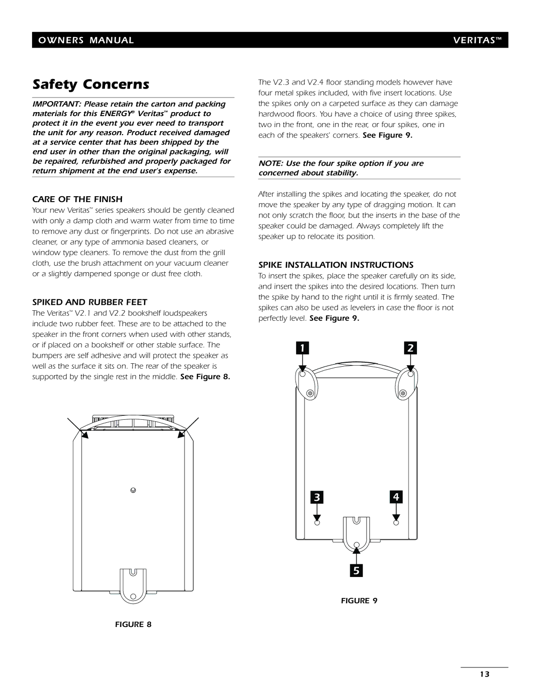 Energy Speaker Systems 7AI Safety Concerns, Care of the Finish, Spiked and Rubber Feet, Spike Installation Instructions 