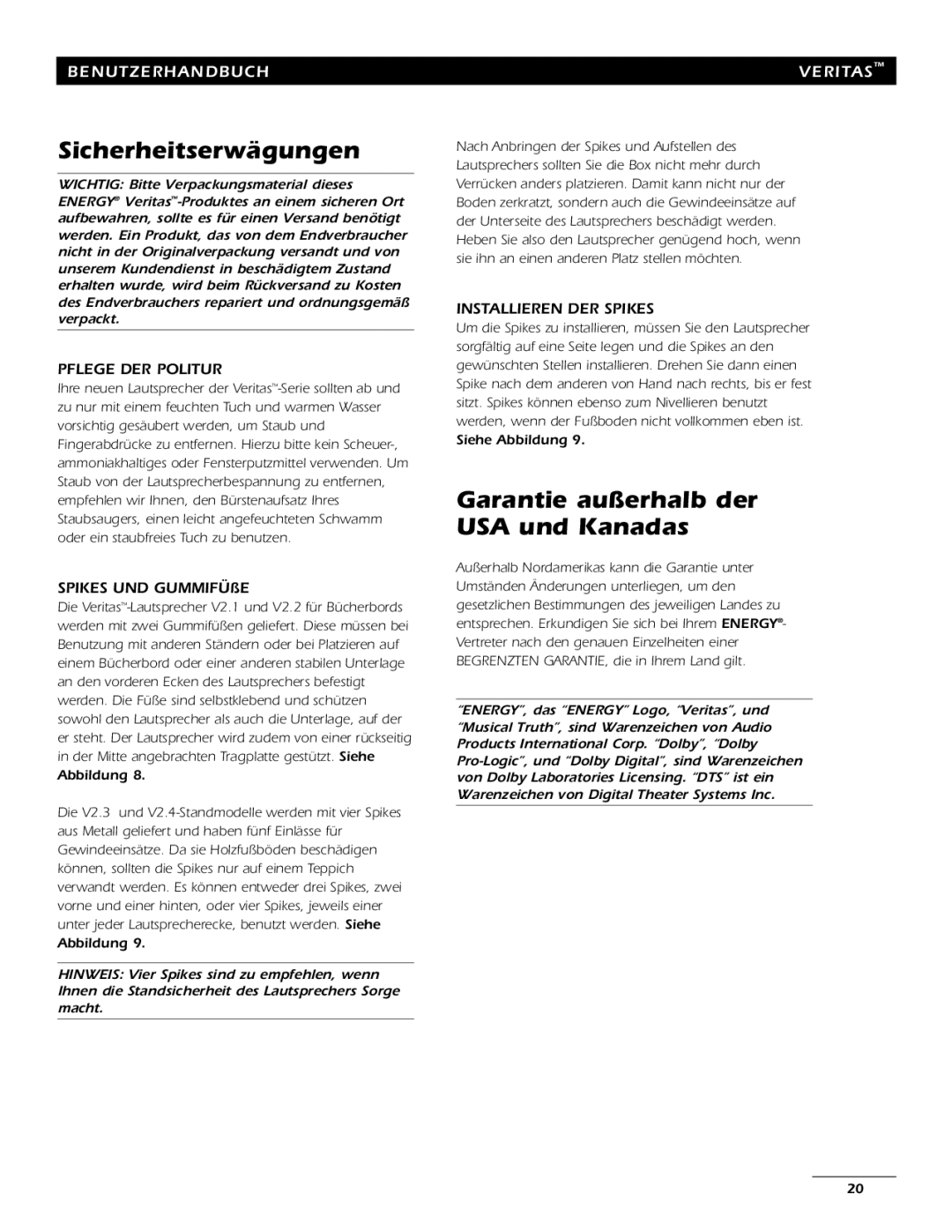 Energy Speaker Systems 7AI manual Sicherheitserwägungen, Garantie außerhalb der USA und Kanadas, Pflege DER Politur 