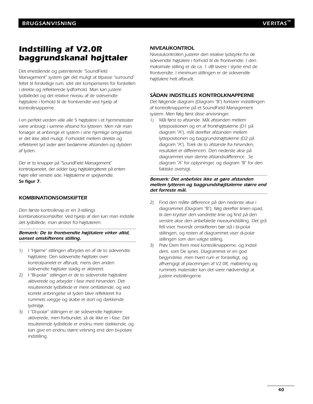 Energy Speaker Systems 7AI manual Indstilling af V2.0R baggrundskanal højttaler, Kombinationsomskifter, Niveaukontrol 