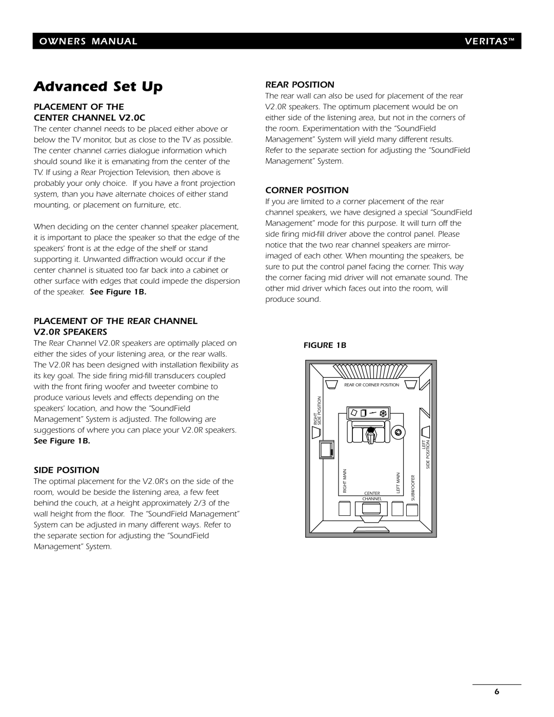 Energy Speaker Systems 7AI Placement Center Channel V2.0C, Placement of the Rear Channel V2.0R Speakers, Side Position 