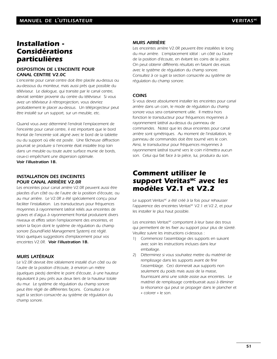 Energy Speaker Systems 7AI manual Disposition DE Lenceinte Pour Canal Centre V2.0C, Murs Latéraux, Murs Arrière, Coins 