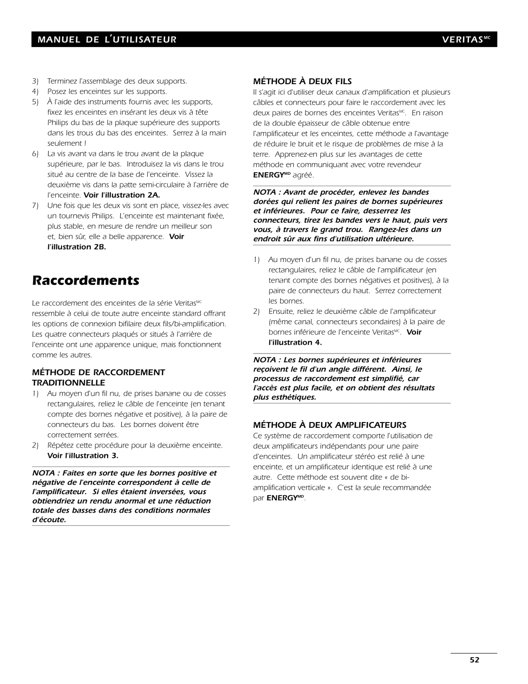 Energy Speaker Systems 7AI manual Raccordements, Méthode DE Raccordement Traditionnelle, Méthode À Deux Fils 