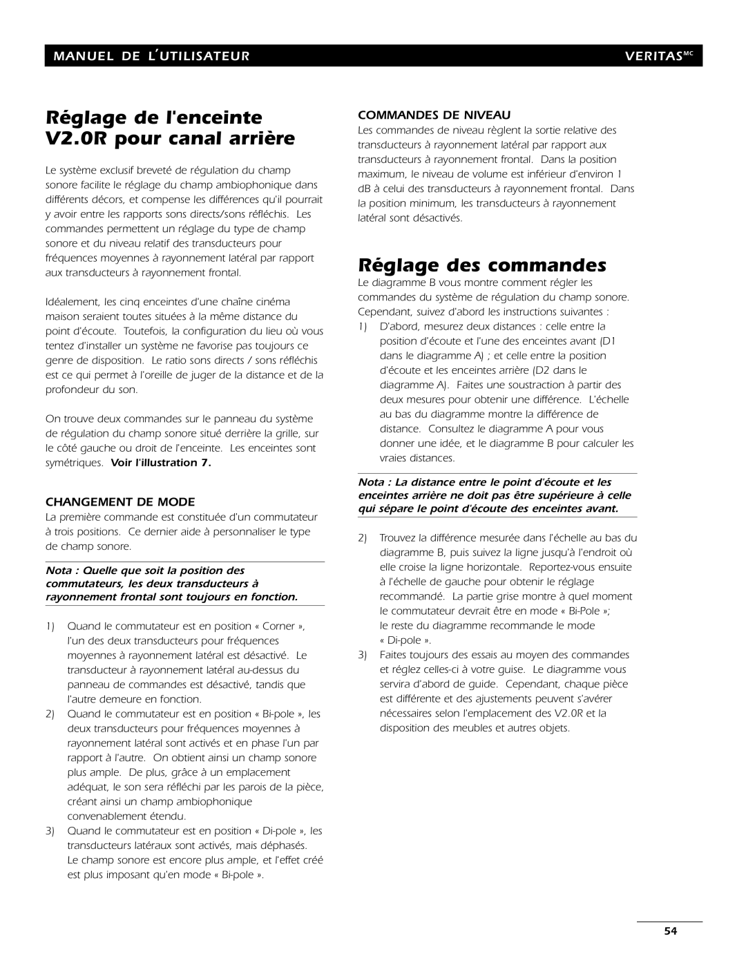 Energy Speaker Systems 7AI manual Réglage de lenceinte V2.0R pour canal arrière, Réglage des commandes, Changement DE Mode 