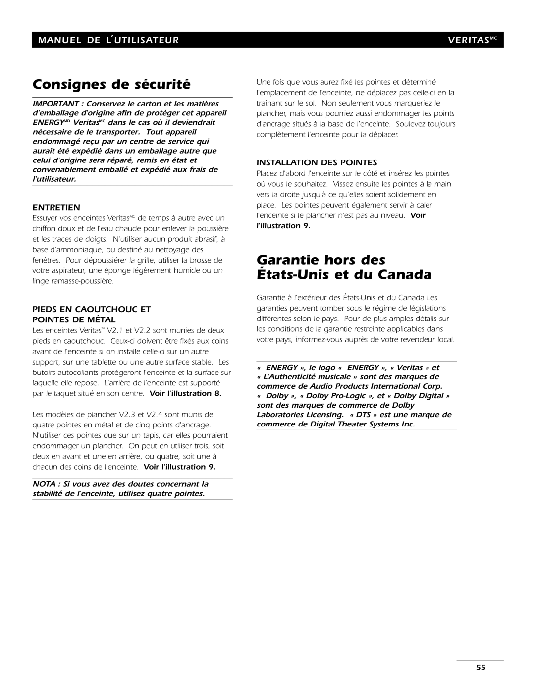 Energy Speaker Systems 7AI manual Consignes de sécurité, Garantie hors des États-Unis et du Canada, Entretien 