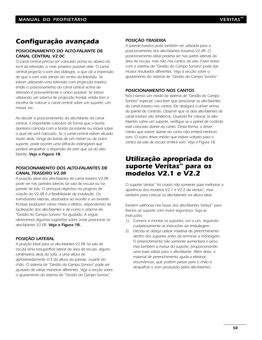 Energy Speaker Systems 7AI manual Posicionamento do ALTO-FALANTE DE Canal Central V2.0C, Posição Lateral, Posição Traseira 