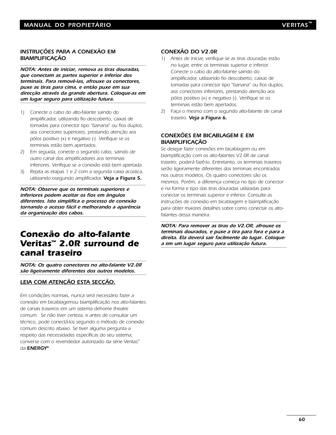 Energy Speaker Systems 7AI Instruções Para a Conexão EM Biamplificação, Leia COM Atenção Esta Secção, Conexão do V2.0R 