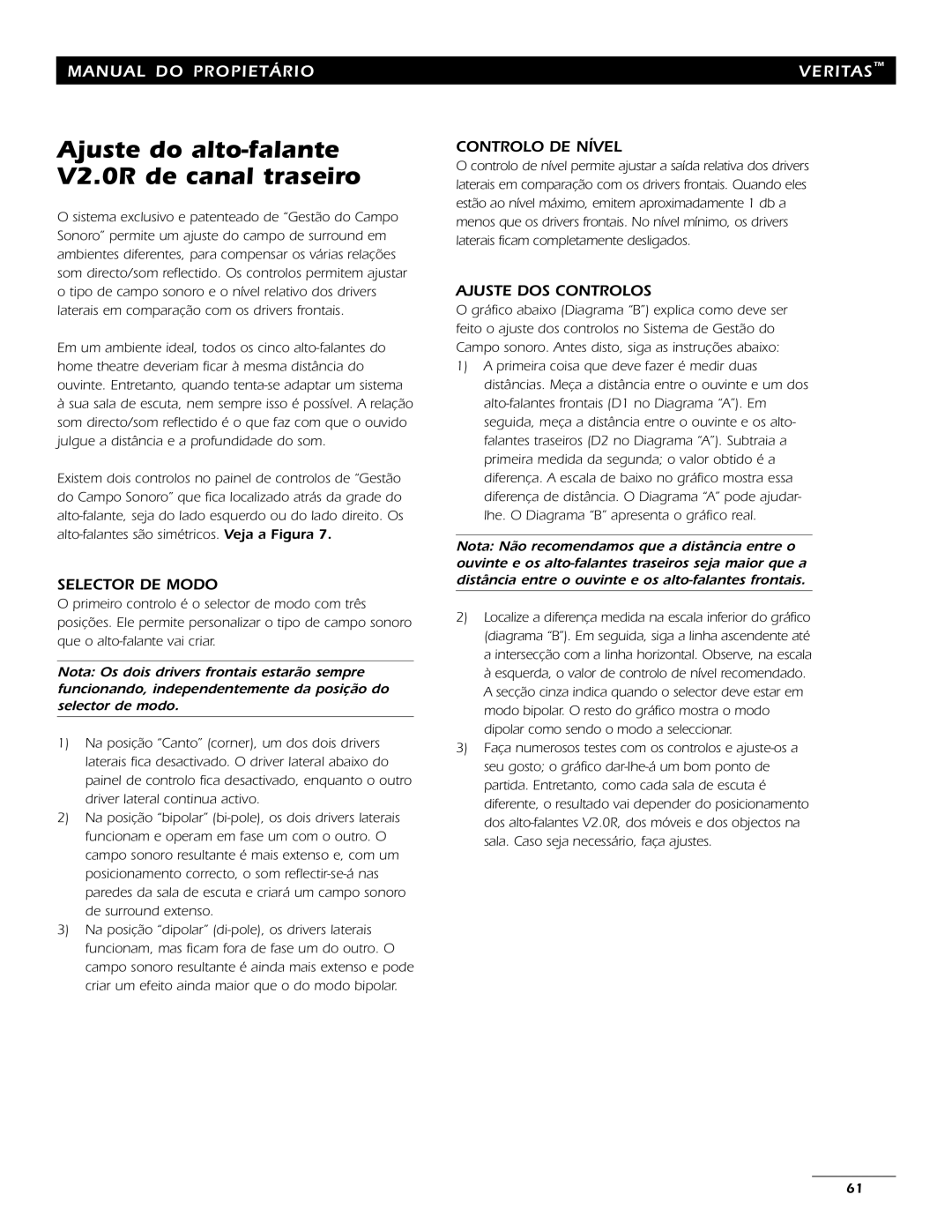 Energy Speaker Systems 7AI manual Ajuste do alto-falante V2.0R de canal traseiro, Selector DE Modo, Controlo DE Nível 